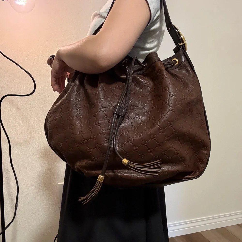 Gucci Dark Brown Leather Hobo Bag with Gold Accents